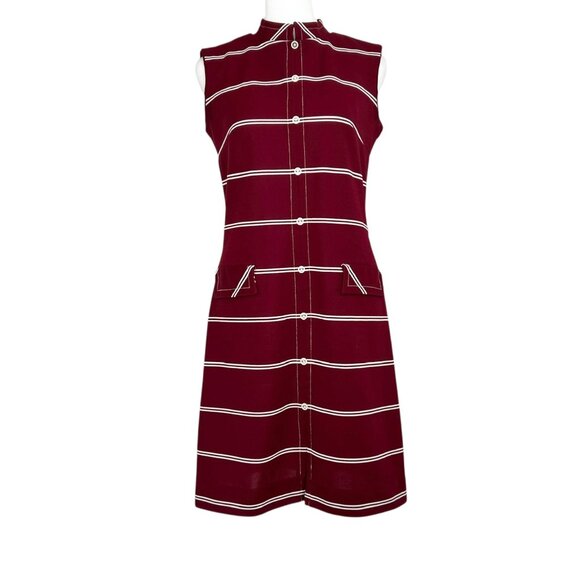Verona Knits Vintage Sleeveless Burgundy & White Striped Mod Dress (S) - Picture 16 of 16